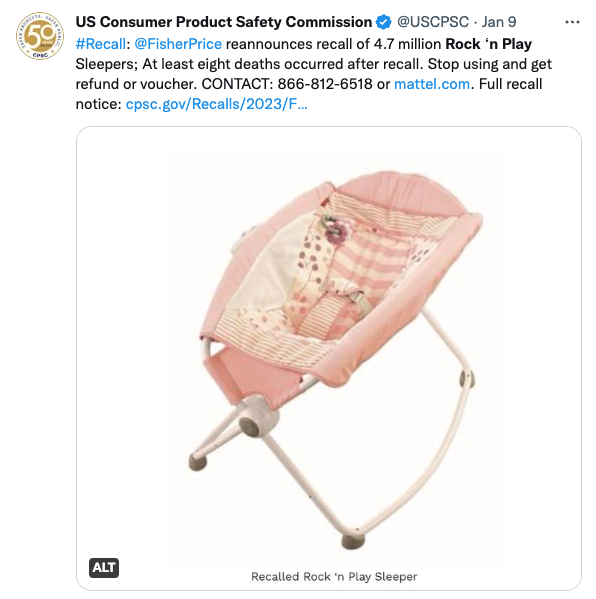 US Consumer Product Safety Commission Tweet regarding Rock 'n Play Recall