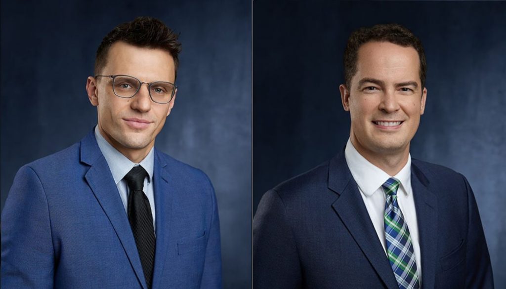Image shows two men, wearing dark suits. The man on the left wears glasses. Both men wear ties. Both men were named to the Illinois Super Lawyers Rising Stars List.