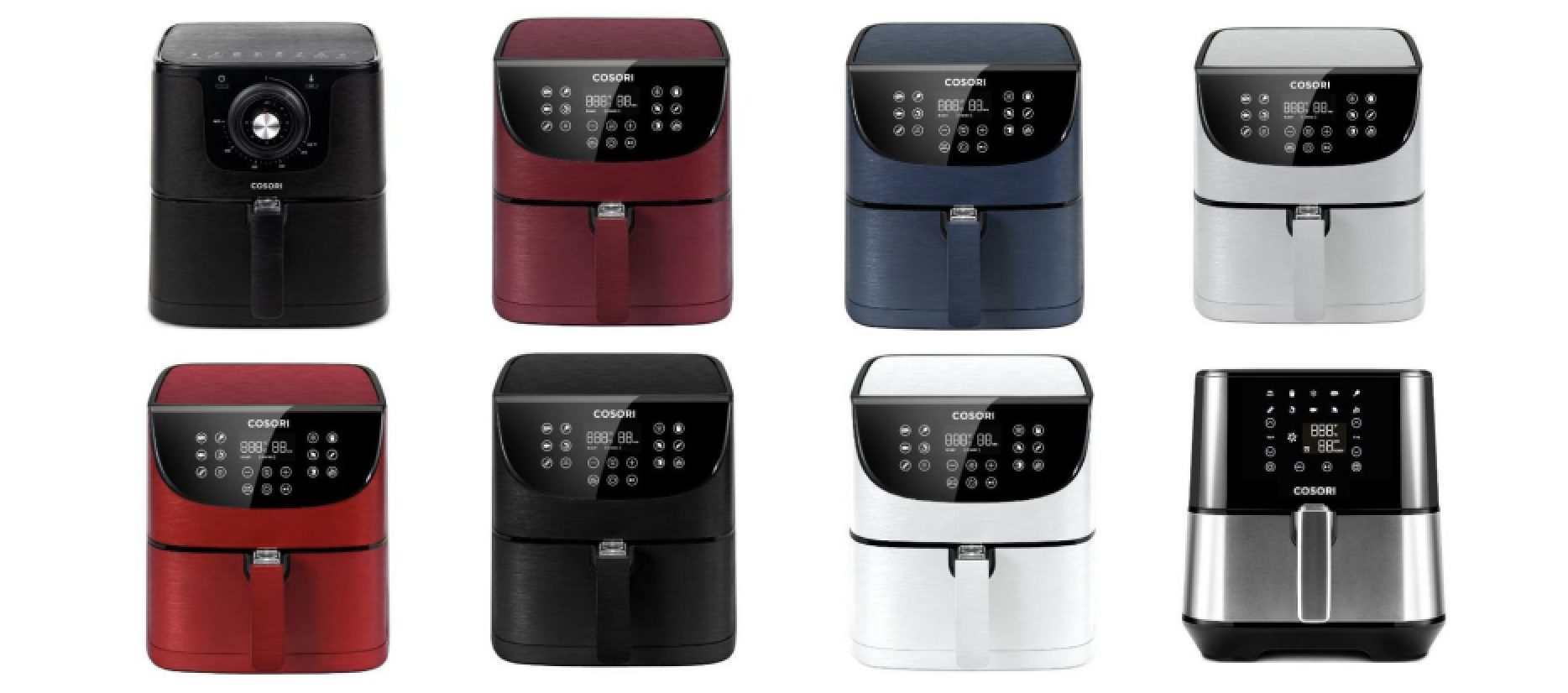 Image shows eight colors/models of the Cosori Air Fryer